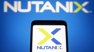 Nutanix logo and branding pictured on a smartphone screen with branding in background.