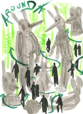 Hayon's sketch of visitors meandering