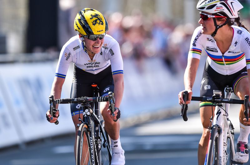 Emma Johansson (left) and Lizzie Armitstead look to each to determine who won the sprint for Flanders