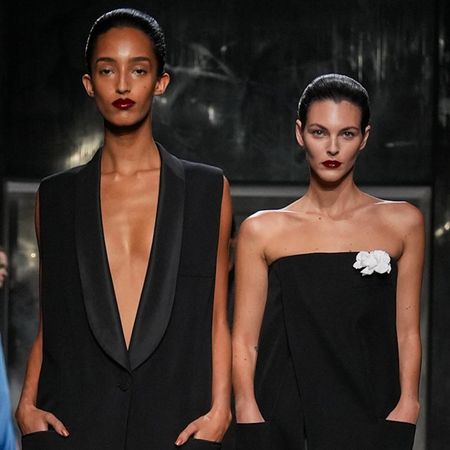 Vittoria Ceretti and Mona Tougaard walking in Haider Ackermann's first Tom Ford runway show during Paris Fashion Week.