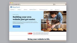 Homepage of Bluehost, one of the best website builders for artists, showing man making food