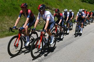 GAP FRANCE JUNE 10 LR Tao Geoghegan Hart of United Kingdom and Ethan Hayter of United Kingdom and Team INEOS Grenadiers White Best Young Rider Jersey compete during the 74th Criterium du Dauphine 2022 Stage 6 a 1964km stage from Rives to Gap 742m WorldTour Dauphin on June 10 2022 in Gap France Photo by Dario BelingheriGetty Images