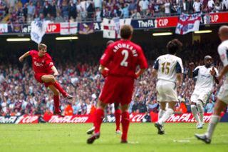 This goal in Liverpool's 2006 FA Cup final win against West Ham saw Gerrard become the only player to have scored in the FA Cup, League Cup, UEFA Cup and Champions League finals