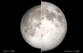 a composite of two photographs of full moons, one showing a smaller micromoon and another showing a larger supermoon