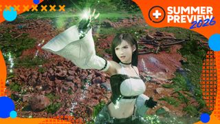 Tifa where's a mage-like outfit as her hand glows green in Final Fantasy 7 Revelation, with the orange GamesRadar+ Summer Preview 2026 frame