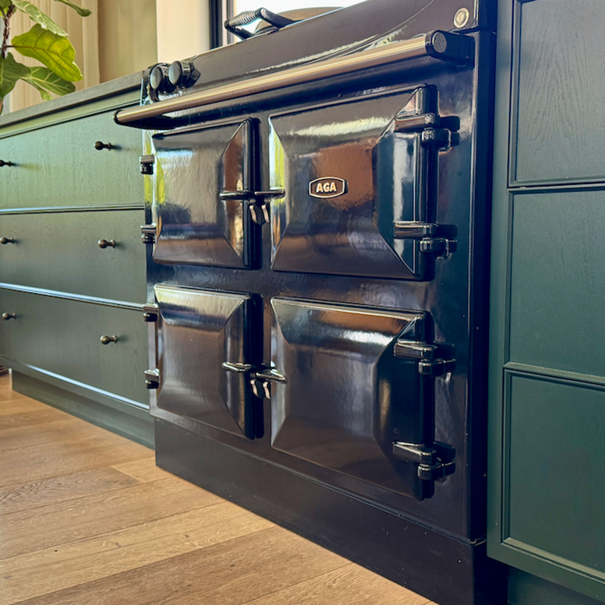 Black aga range cooker flanked by dark green cabinets