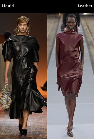 Two models wearing leather clothing on the Bottega Veneta and Tod's fall 2024 runways.