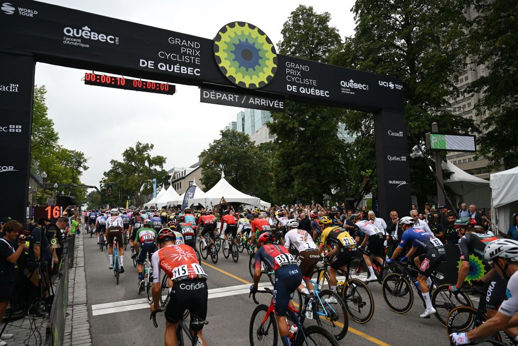 QUEBEC CITY QUEBEC SEPTEMBER 08 A general view of the peloton prior to the 12th Grand Prix Cycliste de Qubec 2023 a 2016km one day race from Quebec to Quebec 92m UCIWT on September 08 2023 in Quebec City Quebec Photo by Dario BelingheriGetty Images