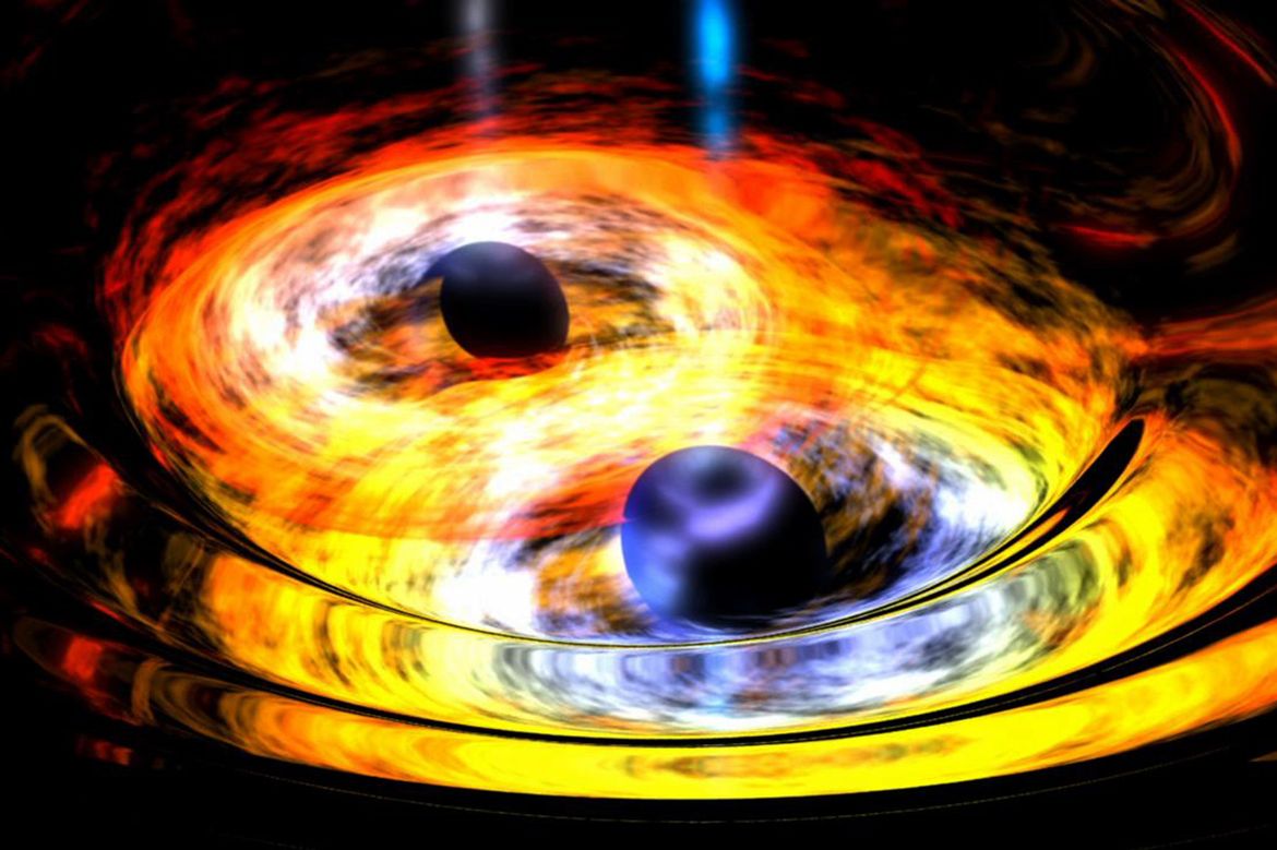Una ilustración muestra agujeros negros supermasivos girando uno alrededor del otro, rodeando el espacio-tiempo con ondas gravitacionales.