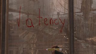 Half-Life: Alyx screenshot showing "latency" written on a window overlooking City 17