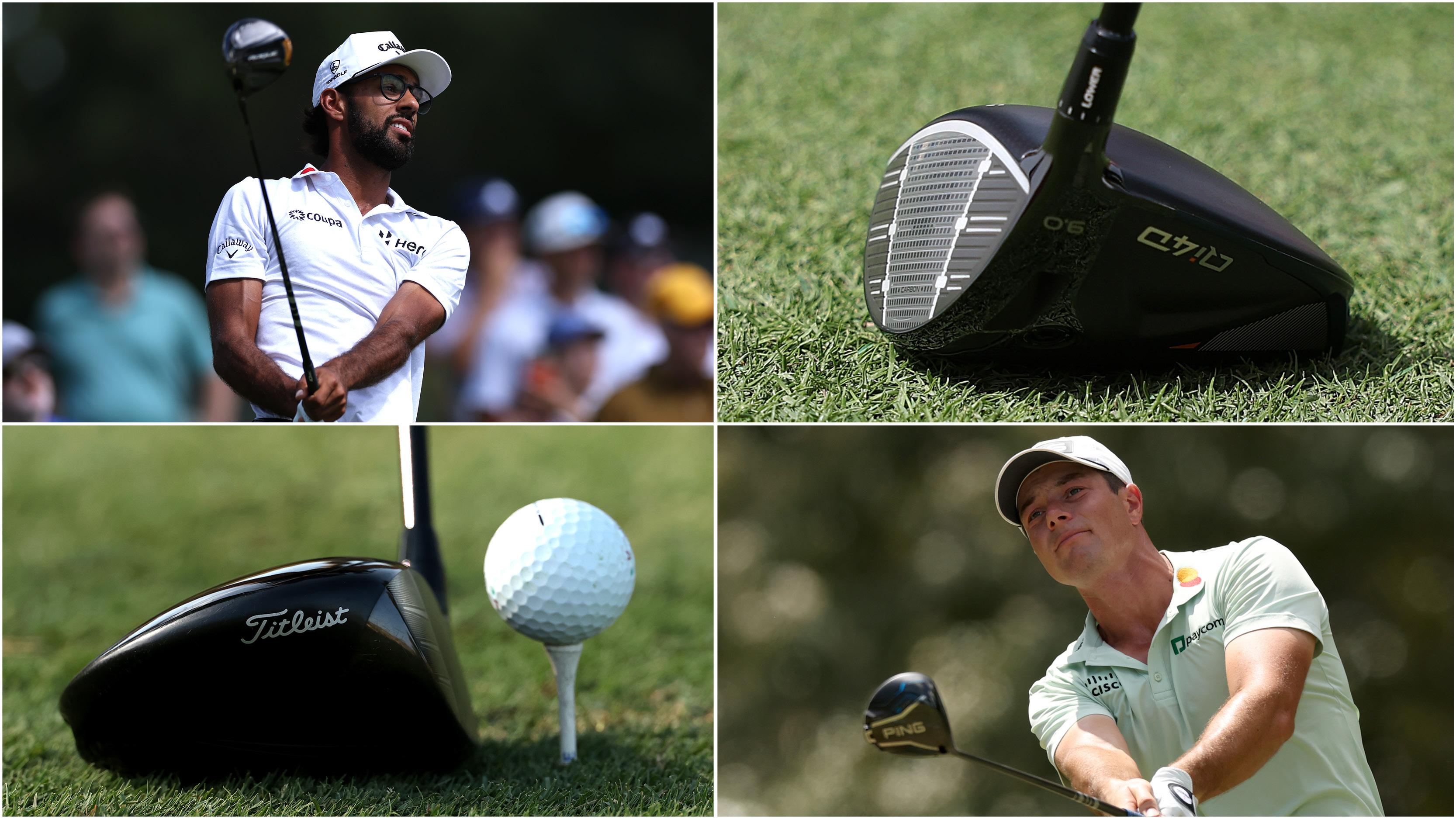 Akshay Bhatia and Viktor Hovland hit drivers, with a close up of a TaylorMade and Titleist model