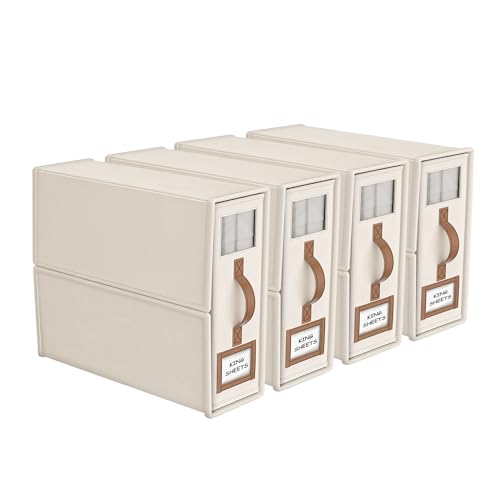 Bigponpon 4 Pack Foldable Bed Sheets Set Organizers and Storage(king &amp;amp; Queen Size),linen Fabric Closet Organizers With Window,folding Bedding Storage Box for Bedsheets and Pillow Cube Organizer-Beige