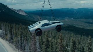A car floating on a parachute in Furious 7
