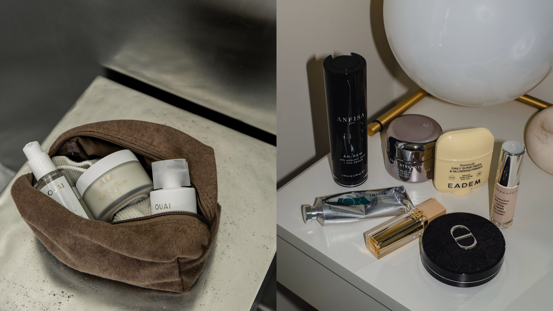 Photo collage of beauty products in a brown pouch and products on a vanity