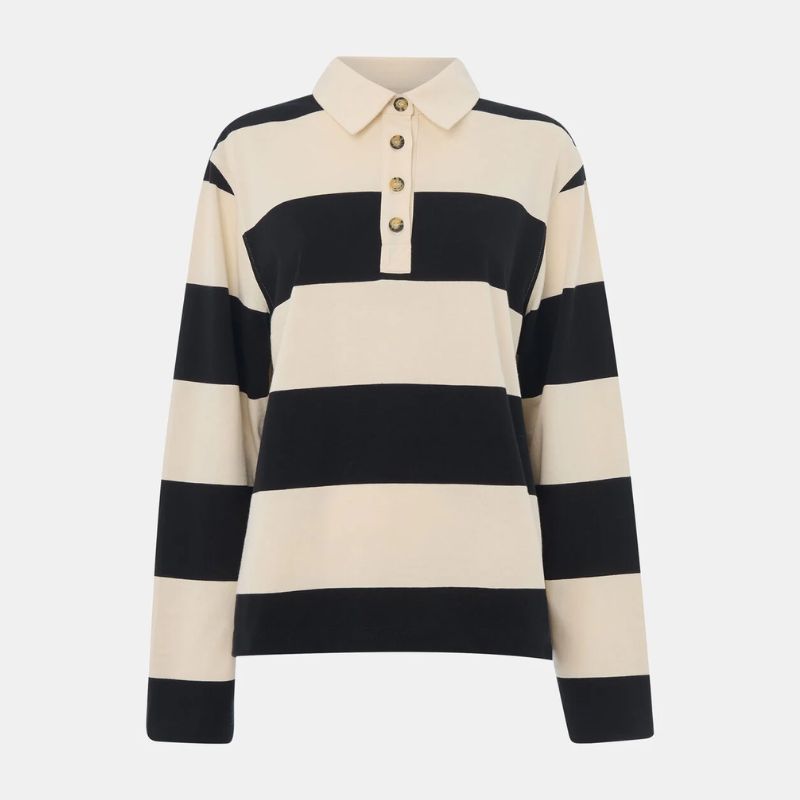 A cutout of a black and white rugby shirt from Whistles