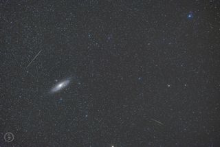 Two meteors dart across the sky near the Andromeda galaxy, the Milky Way's closest galactic neighbor, in this starry image captured by astrophotographer Omid Qadrdan during the peak of the Perseid meteor shower. Andromeda's tiny satellite galaxy Messier 110 is also visible in this photo, appearing as a fuzzy "star" above and to the left of the galaxy's bright core.