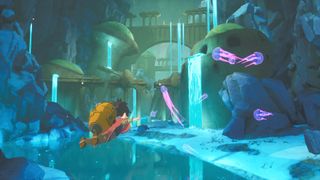 Europa screenshot - Z flying over an underground stream, near some ruins and neon jellyfish-type creatures