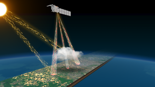 An illustration showing a spacecraft connected to a slice of earth via beams of light.