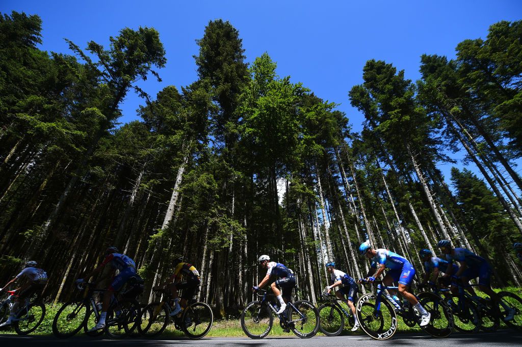 CHASTREIXSANCY FRANCE JUNE 07 Mikkel Honor of Denmark and Team QuickStep Alpha Vinyl Dylan Groenewegen of Netherlands and Team BikeExchange Jayco and the peloton passing through a wooded area during the 74th Criterium du Dauphine 2022 Stage 3 a 169km stage from SaintPaulien to ChastreixSancy 1391m WorldTour Dauphin on June 07 2022 in ChastreixSancy France Photo by Dario BelingheriGetty Images