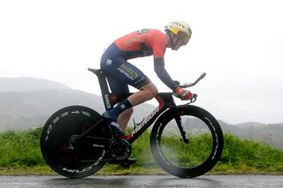 Bahrain-Merida’s Stevie Williams in time-trial mode on stage 1 of the 2019 Tour of the Basque Country