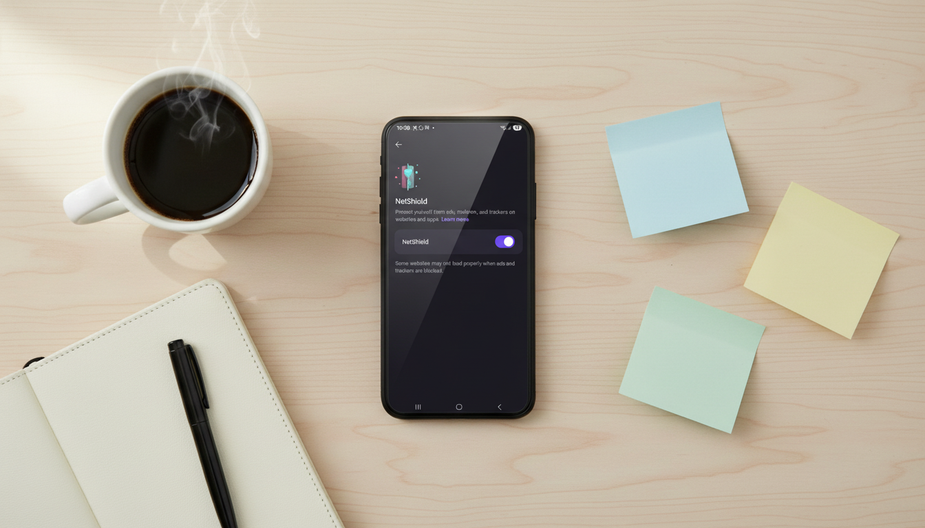 Proton VPN Netshield on a mobile device on a desk with notetaking bits and a coffee