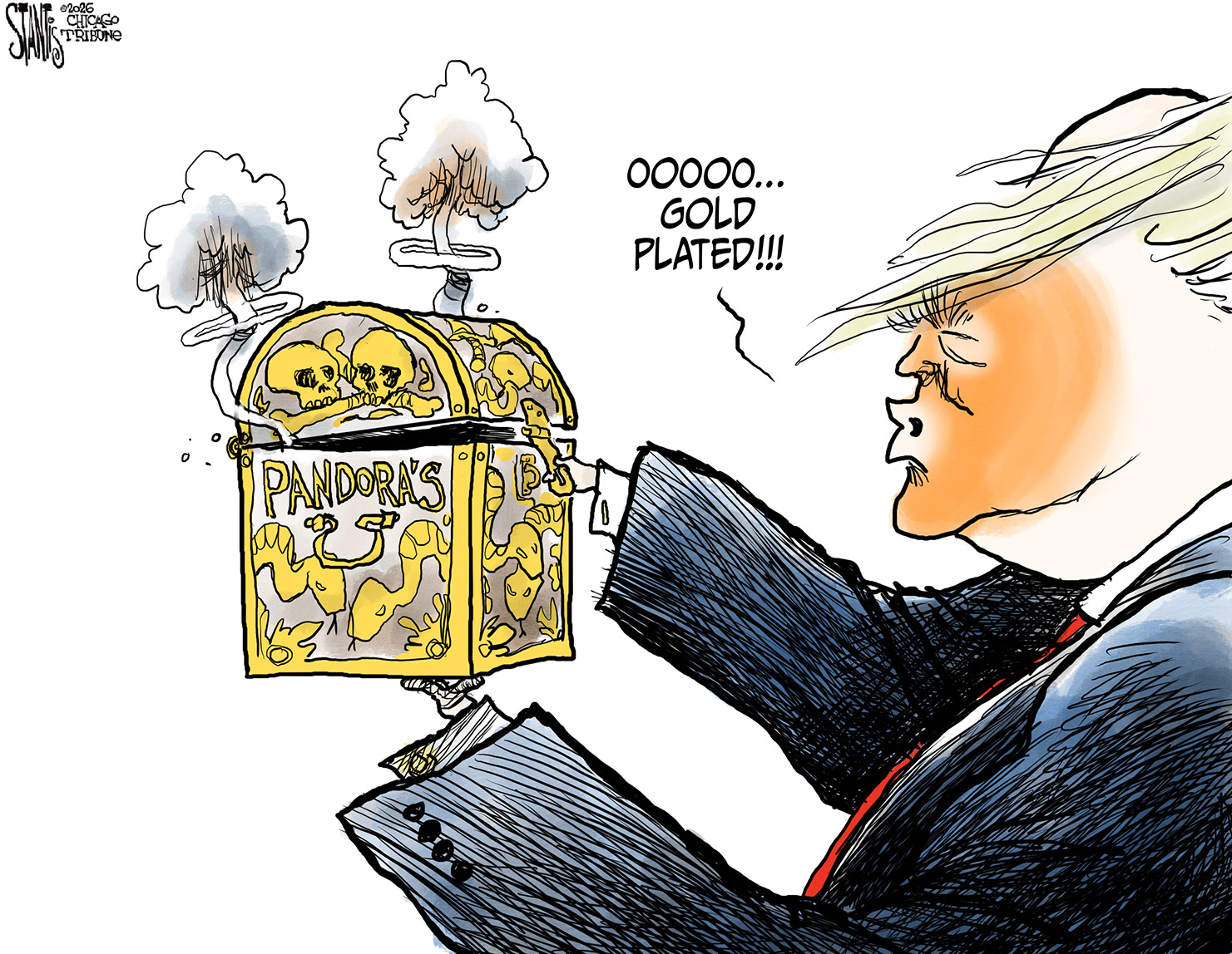 Donald Trump holds a fancy, gilded Pandora&amp;rsquo;s Box that also has skulls on the side and is emitting smoke. He says, &amp;ldquo;Ooooo&amp;hellip;Gold plated!!!&amp;rdquo;