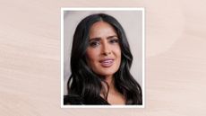 Salma Hayek is pictured with smoky eye makeup at the Sports Illustrated Swimsuit Issue launch party held at the Hard Rock Times Square on May 15, 2025 in New York, New York/ in a pastel pink watercolour paint-style template