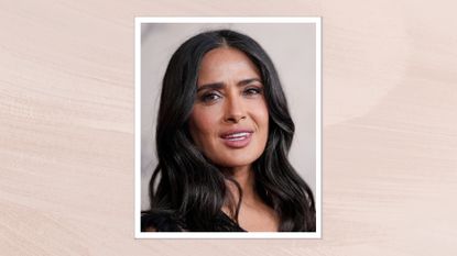 Salma Hayek is pictured with smoky eye makeup at the Sports Illustrated Swimsuit Issue launch party held at the Hard Rock Times Square on May 15, 2025 in New York, New York/ in a pastel pink watercolour paint-style template