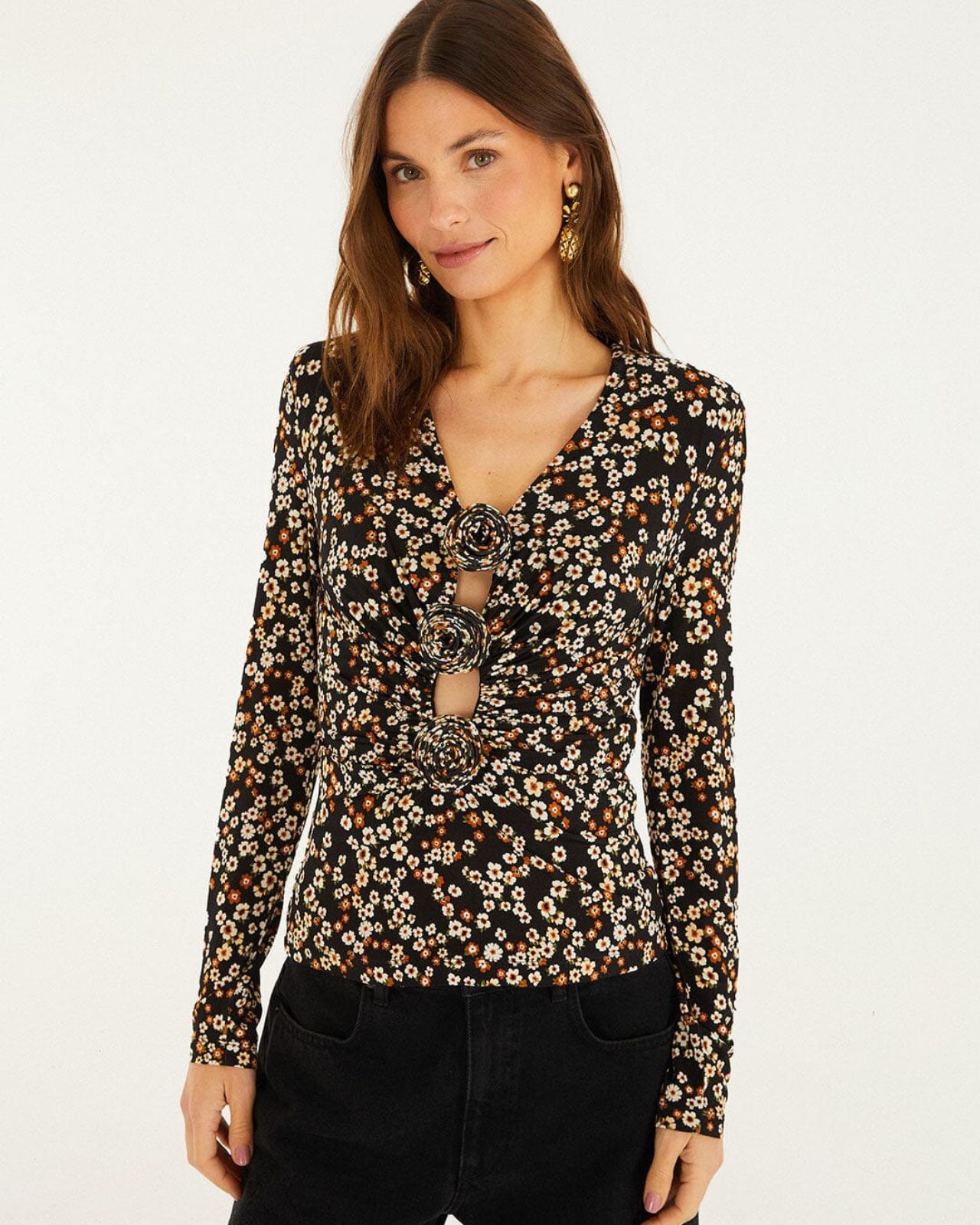 Farm Rio black tiny flowers jersey blouse