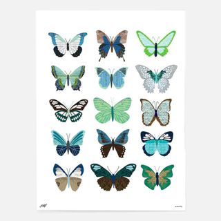 Poster of blue butterflies on white background