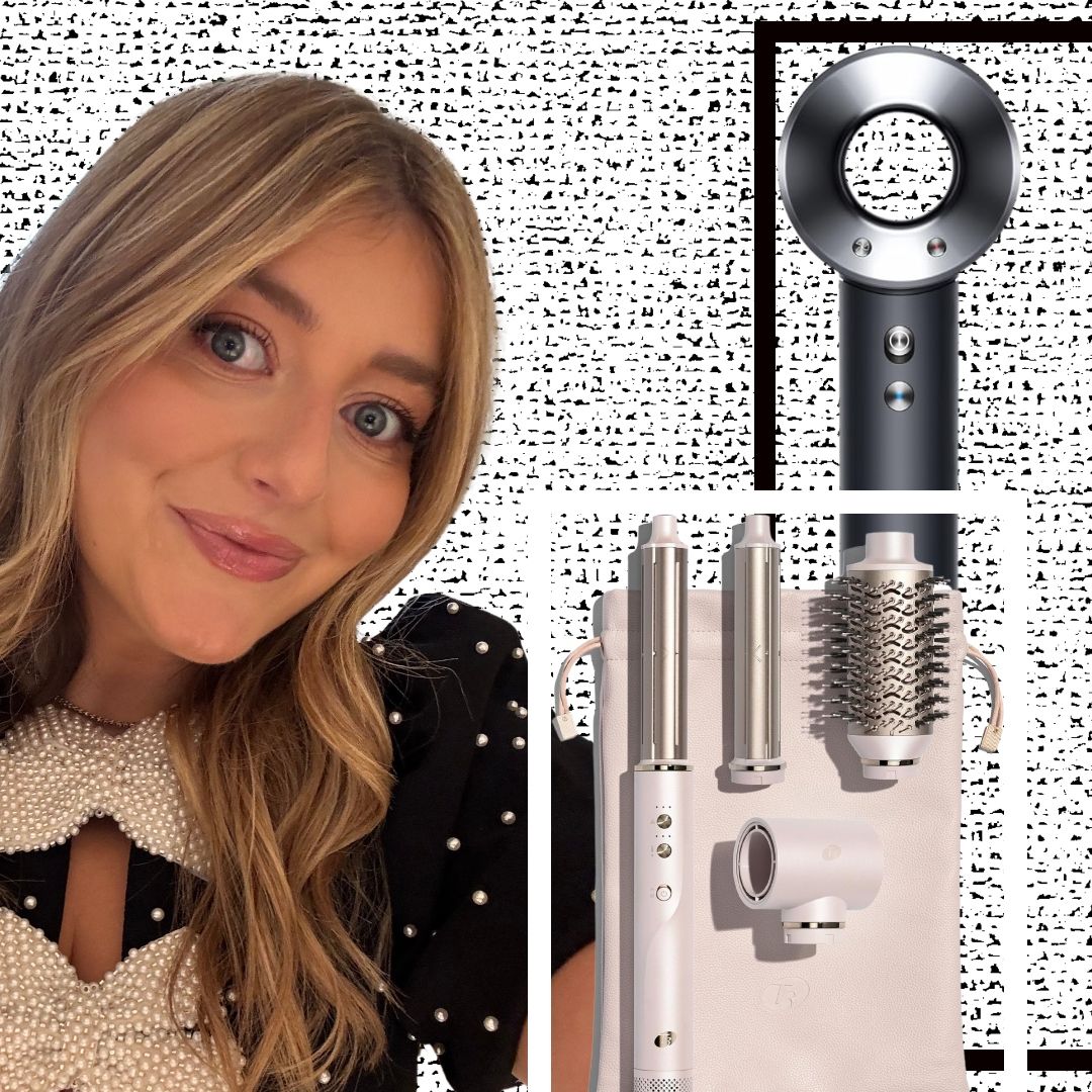 girl with blowout next to hair dryers