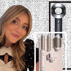 girl with blowout next to hair dryers