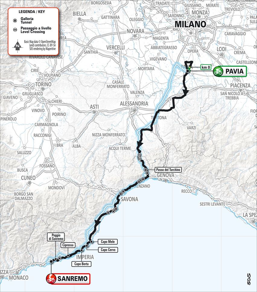 The map of the 2025 Milan-San Remo