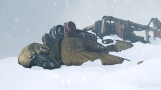 Icarus spaceman corpse face down in snow