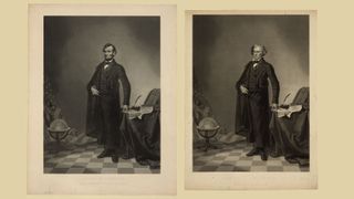 Side by side image of the original 1852 painting of John Calhoun, next to the 1865 print that superimposes a photograph of Abraham Lincoln to replace the original head