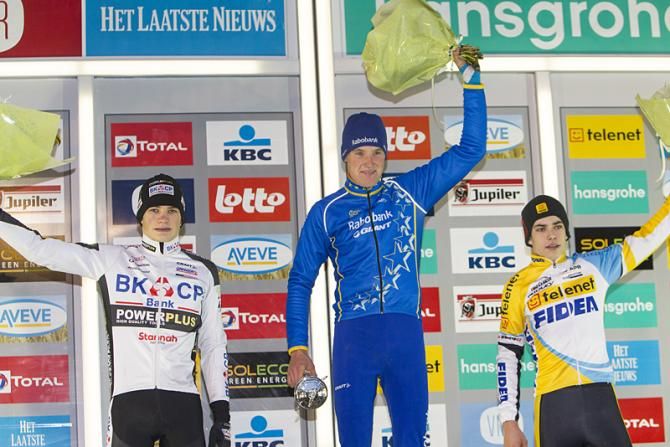 The U23 podium in Diegem: David van der Poel, Mike Teunissen, Wout van Aert