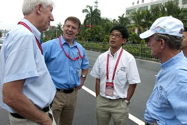 (l-r): Commissaires Martin Bruin from Holland, Alexander Donike from Germany, Qiu Jijin from China and Martijn Swinkels from Holland get together prior to the start of stage eight in Danzhou.