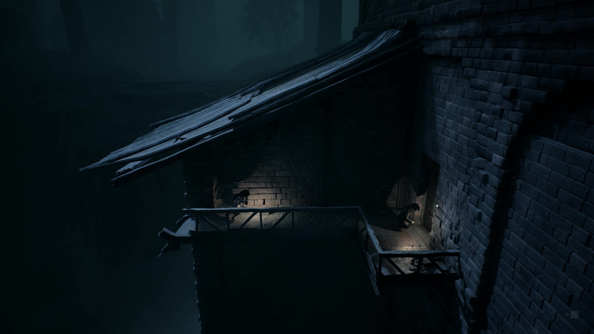 The siblings explore an exterior walkway of the factory in Reanimal