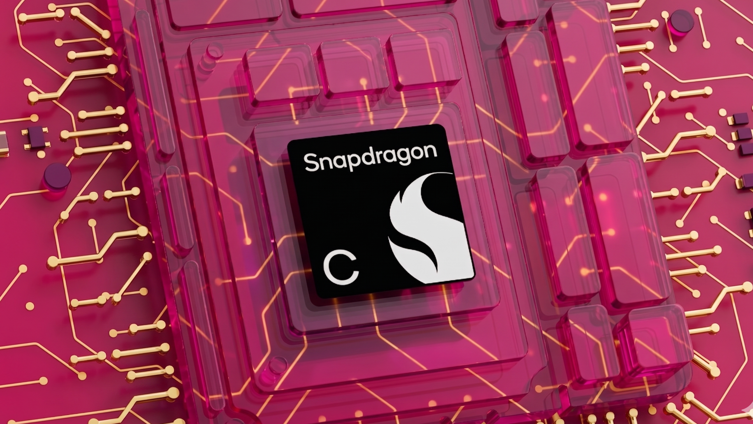 Snapdragon C logo on a colorized transparent motherboard component.