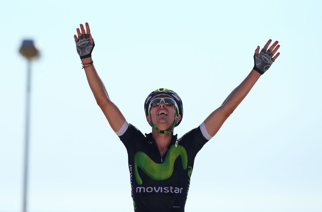 Ruben Fernandez (Movistar) celebrates taking the red jersey