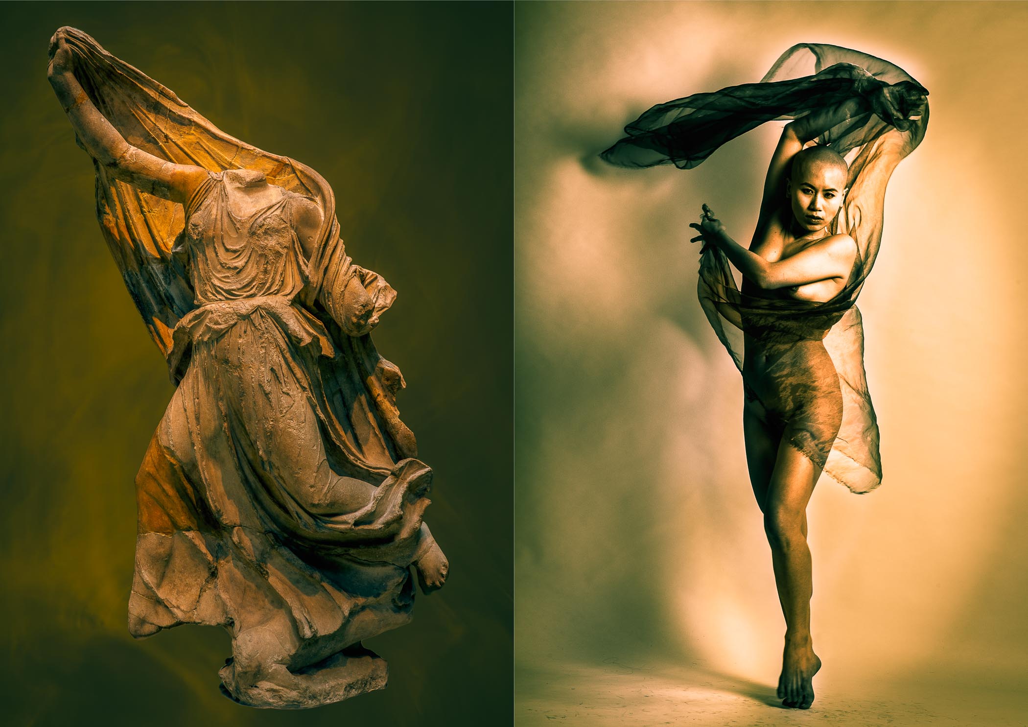 A diptych pairing a headless ancient Greek draped marble figure on an olive-green background with a contemporary shaved-headed dancer holding billowing black fabric against a warm amber background.
