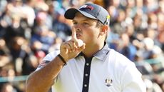 Patrick Reed shushes the European fans while playing for Team USA in the Ryder Cup