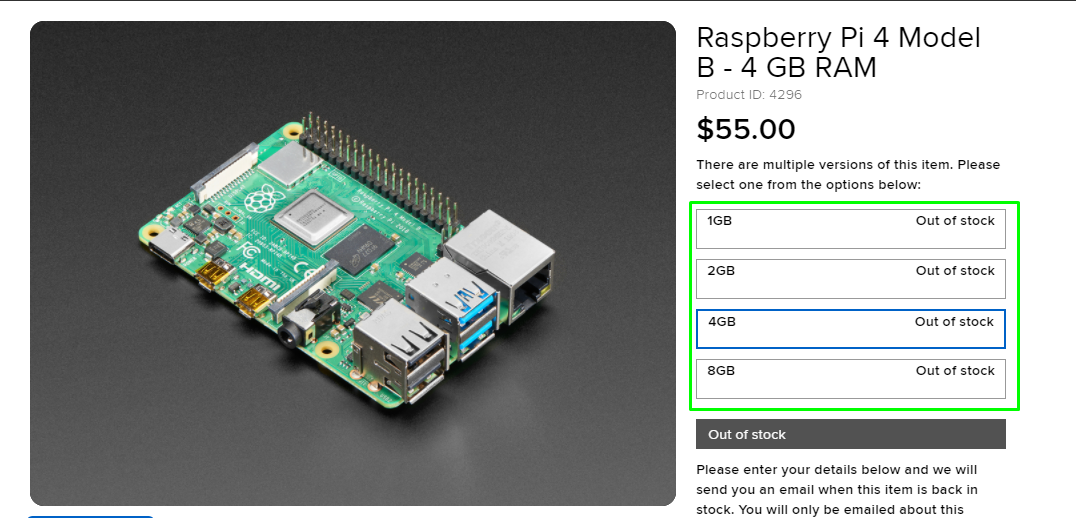 Raspberry Pi 4 Stock Levels At Adafruit