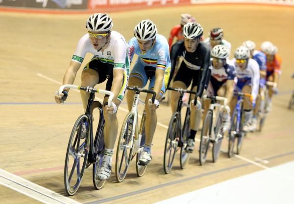 Leigh Howard (Australia) leads the field in heat two of the men's Madision