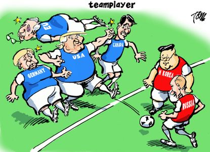 Political cartoon World Trump Kim Jong Un Putin Trudeau Merkel EU soccer futbol allies