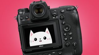 A Nikon camera with a cartoon cat on the screen
