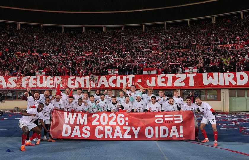 Austria World Cup 2026 squad: Austria players celebrate in front of the fans after qualifying for the 2026 World Cup after victory in the FIFA World Cup 2026 qualifier match between Austria and Bosnia and Herzegovina at on November 18, 2025 in Vienna, Austria.