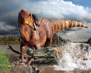 illustration of big-nosed hadrosaur named Rhinorex condrupus.