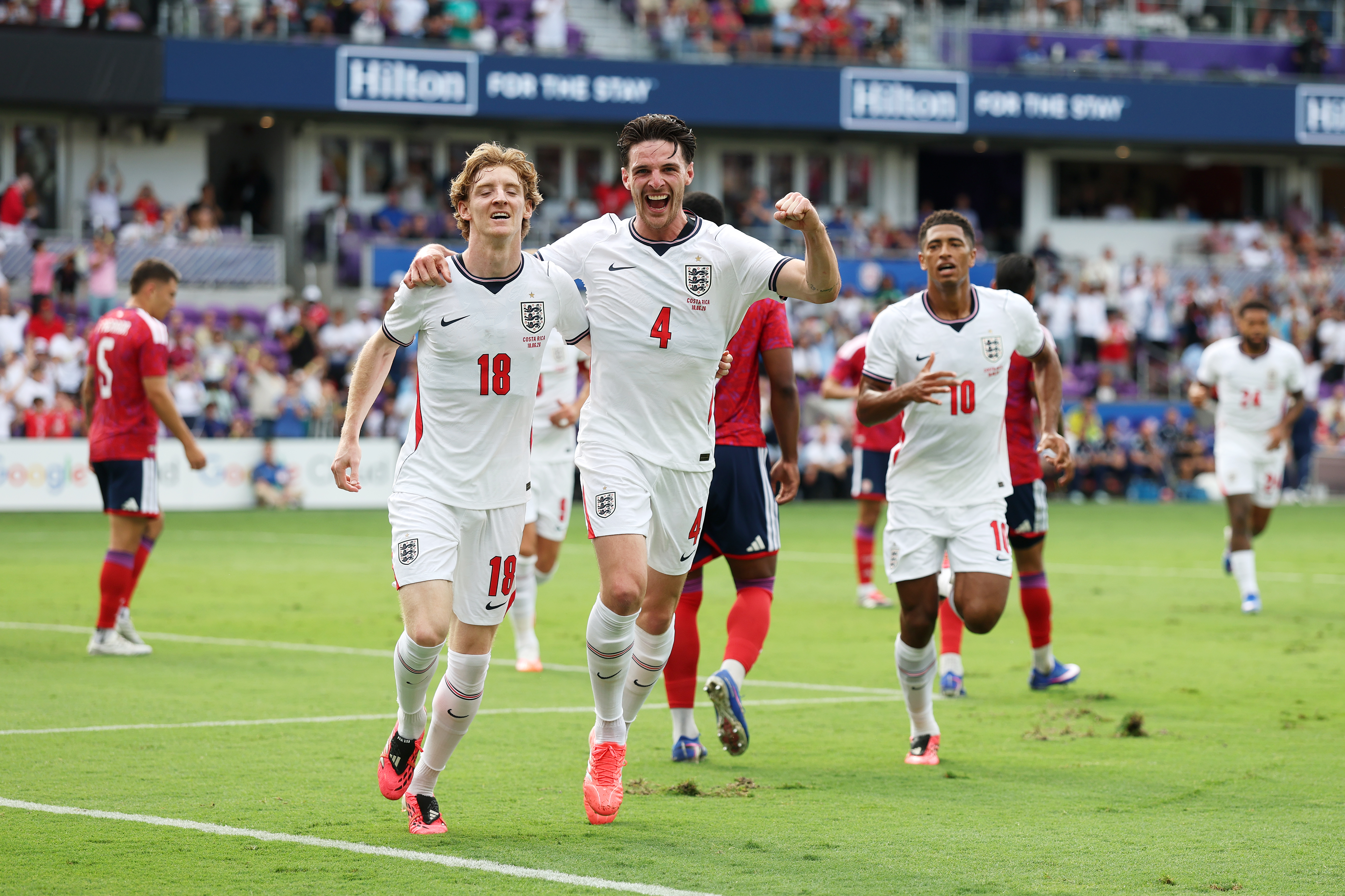 ORLANDO, FLORIDA - JUNE 10: Declan Rice #4 of England celebrates scoring his team&amp;amp;apos;s first goal with Anthony Gordon during the International Friendly match between England and Costa Rica at Inter&amp;amp;Co Stadium on June 10, 2026 in Orlando, Florida. (Photo by Richard Pelham/Getty Images)