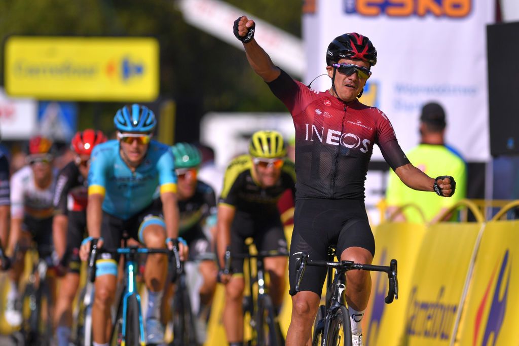 BIELSKOBIALA POLAND AUGUST 07 Arrival Richard Carapaz of Ecuador and Team Ineos Celebration during the 77th Tour of Poland 2020 Stage 3 a 2031km stage from Wadowice to BielskoBiaa 433m TourdePologne tdp20 on August 07 2020 in BielskoBiala Poland Photo by Luc ClaessenGetty Images